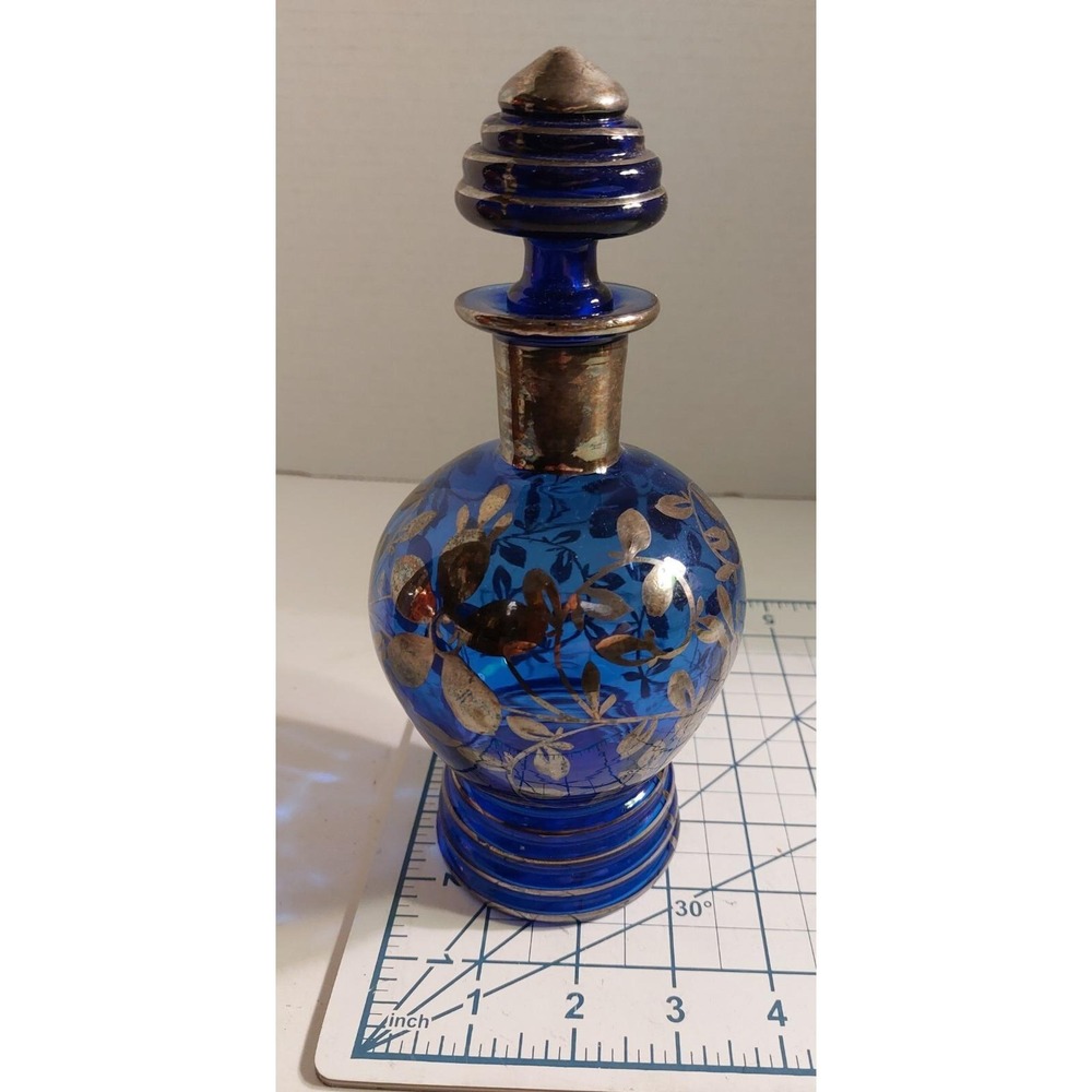 VTG 1940's Venetian Glass Cobalt Blue Gold Silver Overlay Decanter with Stopper